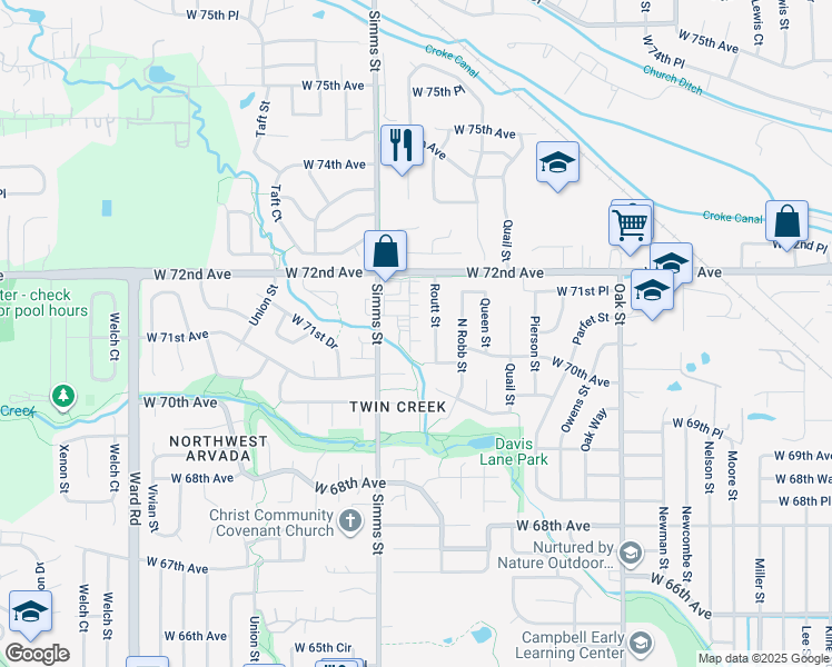map of restaurants, bars, coffee shops, grocery stores, and more near 7106 Simms Street in Arvada