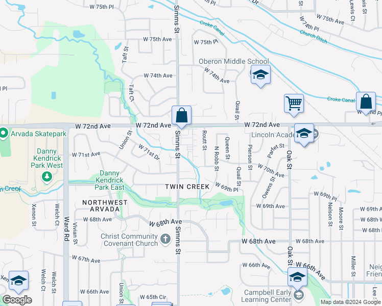 map of restaurants, bars, coffee shops, grocery stores, and more near 7106 Simms Street in Arvada