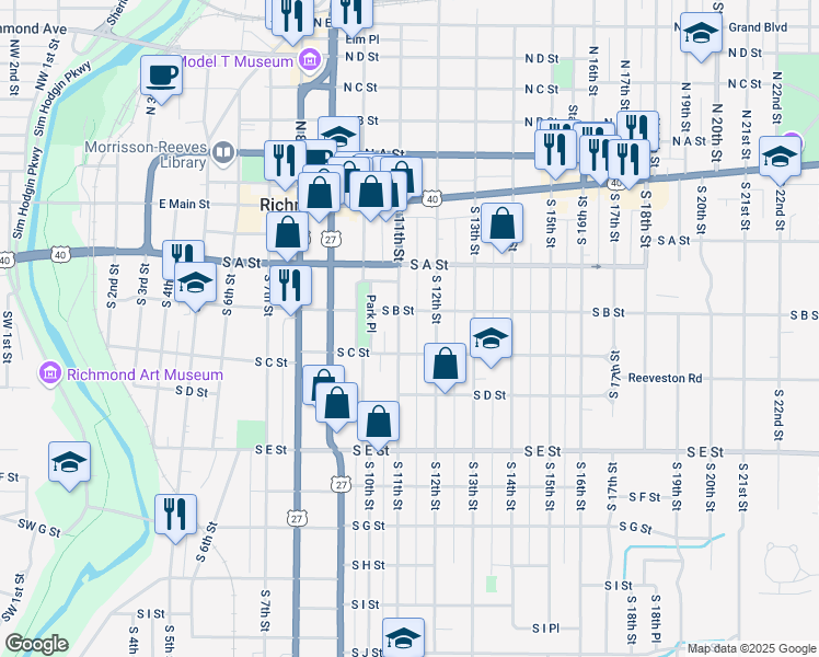 map of restaurants, bars, coffee shops, grocery stores, and more near 224 South 11th Street in Richmond