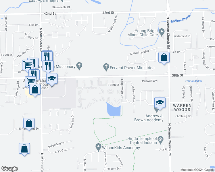 map of restaurants, bars, coffee shops, grocery stores, and more near 3671 Wingate Court in Indianapolis