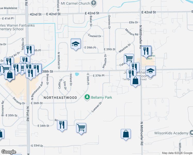 map of restaurants, bars, coffee shops, grocery stores, and more near 9607 East 37th Place in Indianapolis