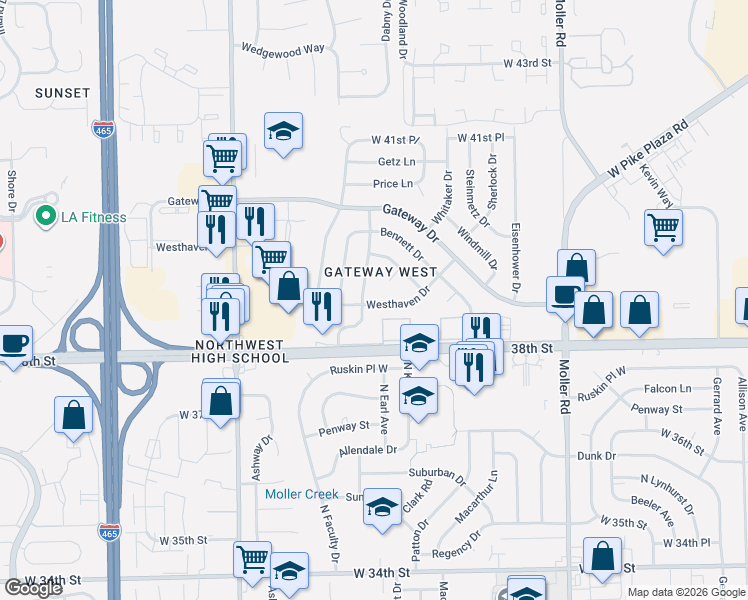 map of restaurants, bars, coffee shops, grocery stores, and more near 6001 Westhaven Drive in Indianapolis
