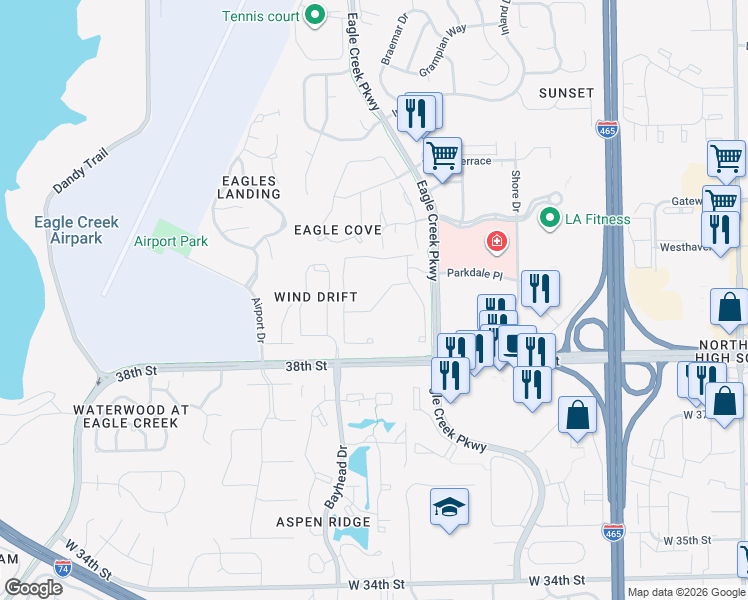 map of restaurants, bars, coffee shops, grocery stores, and more near 7111 Thickett Drive in Indianapolis