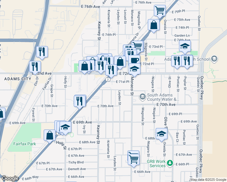 map of restaurants, bars, coffee shops, grocery stores, and more near 7071 Krameria Street in Commerce City