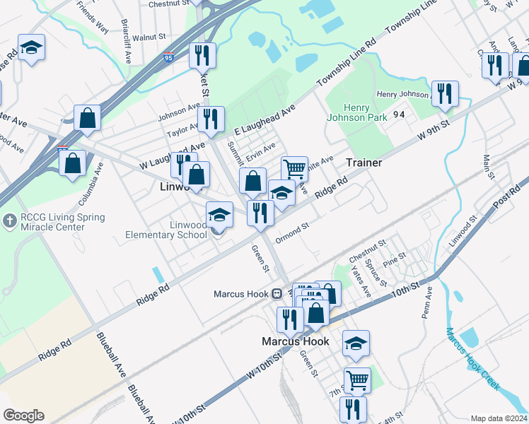 map of restaurants, bars, coffee shops, grocery stores, and more near 1420 Summit Street in Marcus Hook