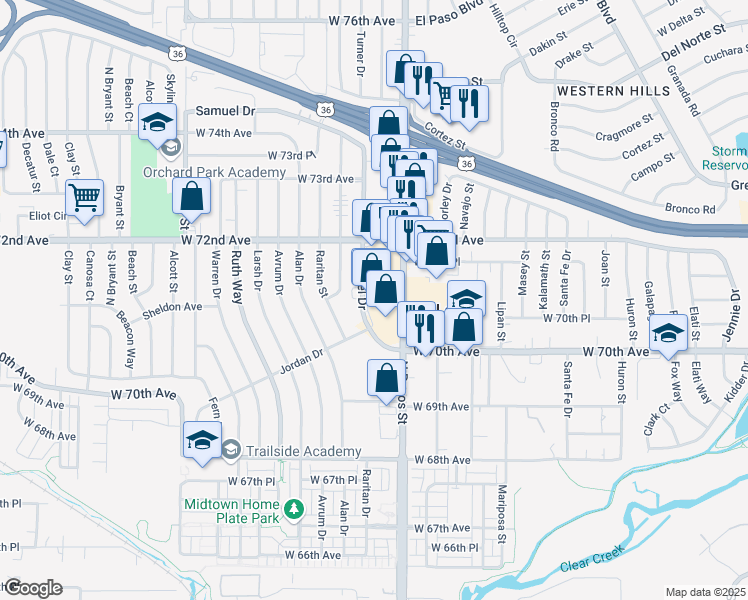 map of restaurants, bars, coffee shops, grocery stores, and more near 7073 North Pecos Street in Denver