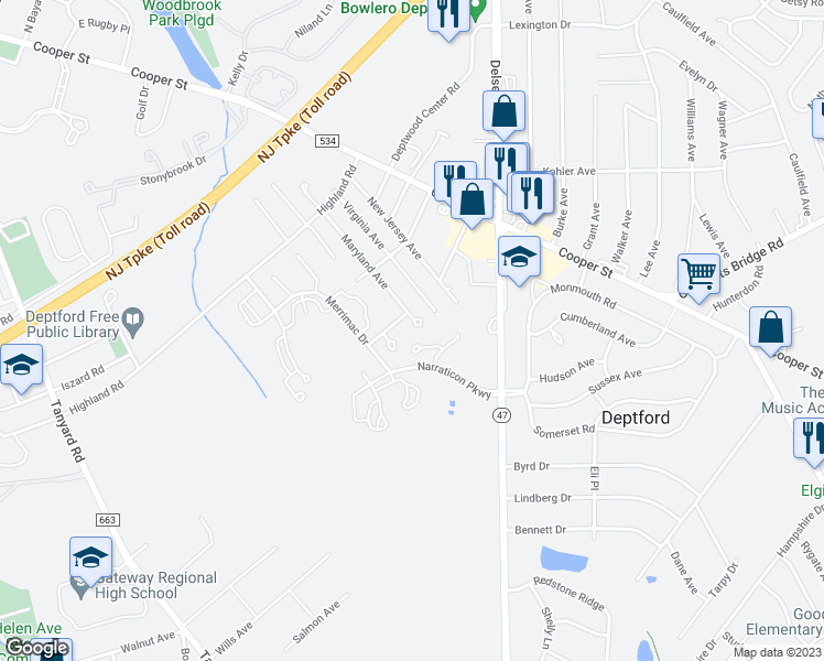 map of restaurants, bars, coffee shops, grocery stores, and more near 46 Arrowwood Court in Deptford Township