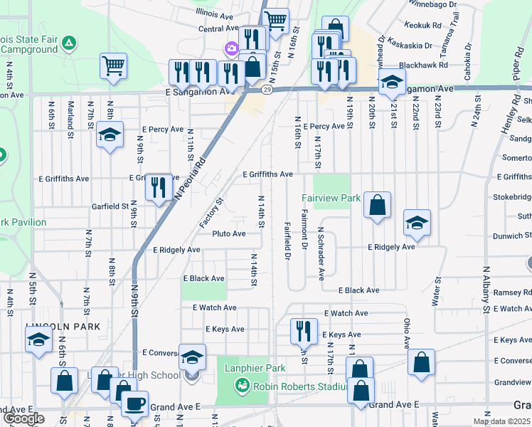 map of restaurants, bars, coffee shops, grocery stores, and more near 1812 North 14th Street in Springfield