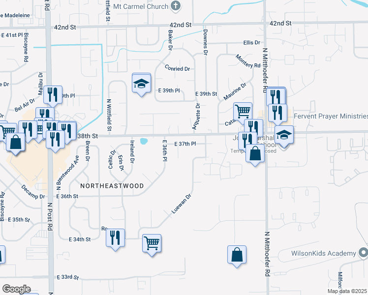 map of restaurants, bars, coffee shops, grocery stores, and more near 9607 East 37th Place in Indianapolis