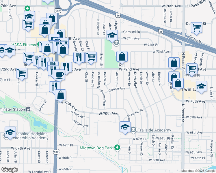 map of restaurants, bars, coffee shops, grocery stores, and more near 7080 Beacon Way in Westminster