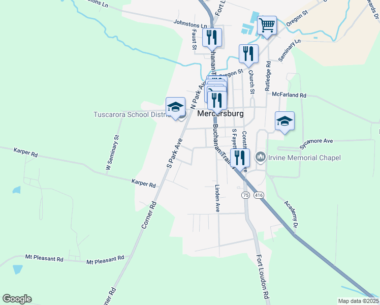 map of restaurants, bars, coffee shops, grocery stores, and more near 10 Steiger Avenue in Mercersburg