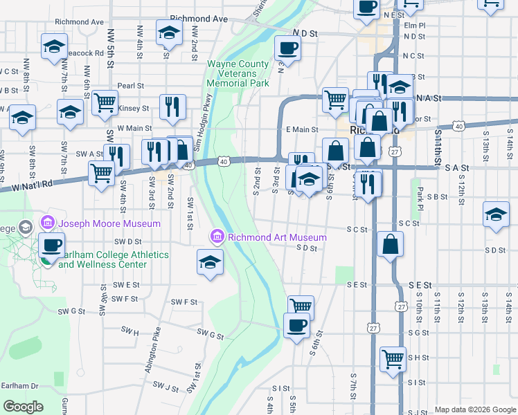 map of restaurants, bars, coffee shops, grocery stores, and more near 227 South 2nd Street in Richmond