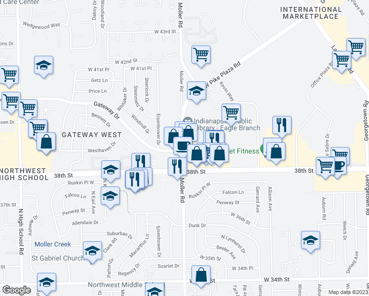 map of restaurants, bars, coffee shops, grocery stores, and more near 3851 Moller Rd in Indianapolis
