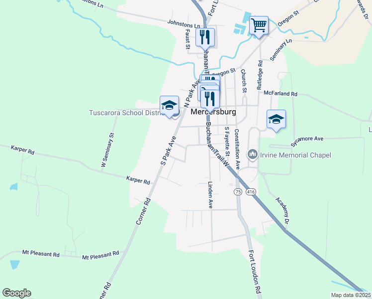 map of restaurants, bars, coffee shops, grocery stores, and more near 10 Steiger Avenue in Mercersburg