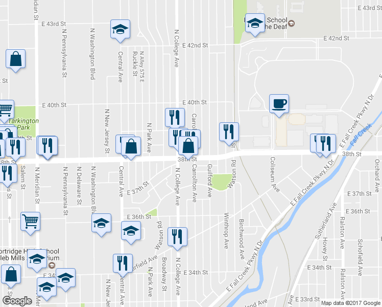 map of restaurants, bars, coffee shops, grocery stores, and more near 720 E 38th St in Indianapolis