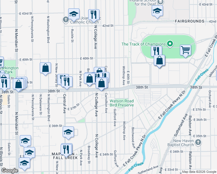 map of restaurants, bars, coffee shops, grocery stores, and more near 802 East 38th Street in Indianapolis
