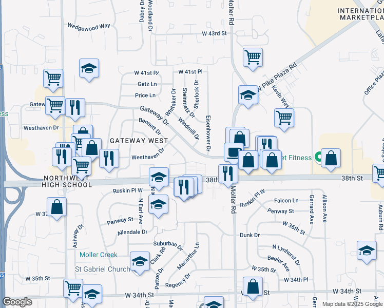 map of restaurants, bars, coffee shops, grocery stores, and more near 5619 Gateway Drive in Indianapolis
