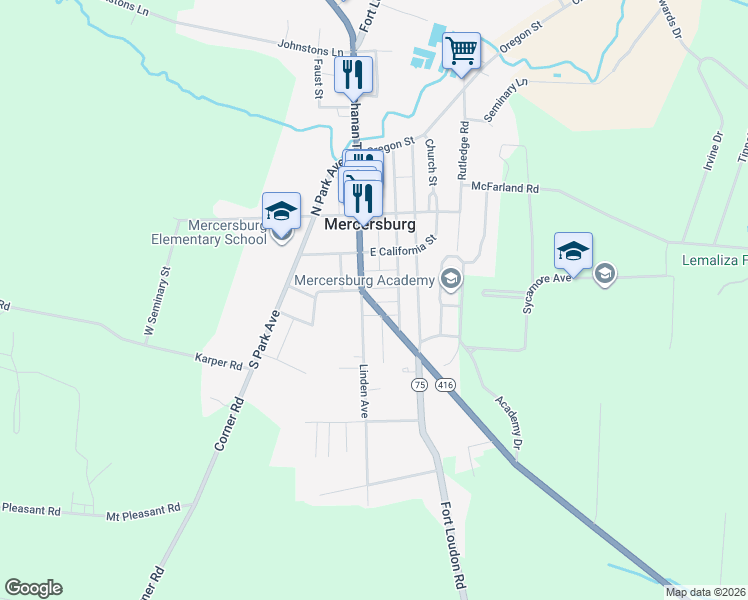 map of restaurants, bars, coffee shops, grocery stores, and more near 211 Buchanan Trail West in Mercersburg