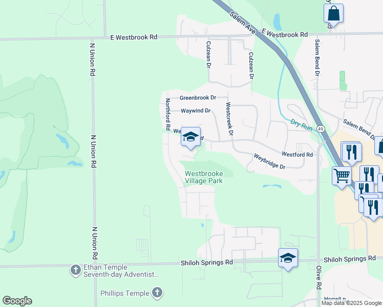 map of restaurants, bars, coffee shops, grocery stores, and more near 6500 Westford Road in Trotwood