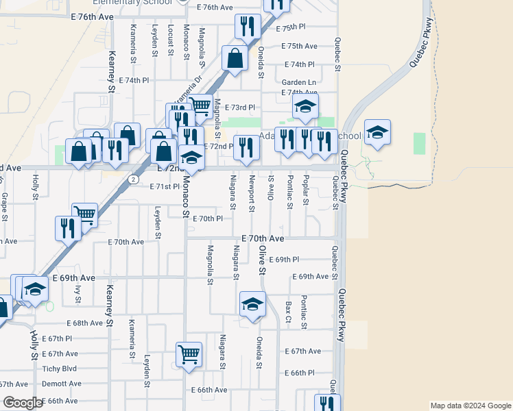 map of restaurants, bars, coffee shops, grocery stores, and more near 7060 Newport Street in Commerce City