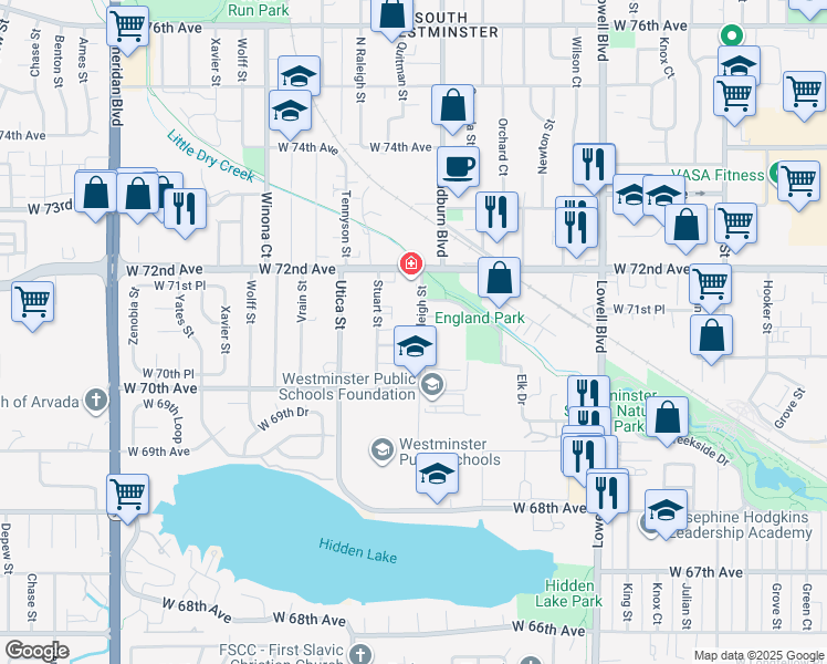 map of restaurants, bars, coffee shops, grocery stores, and more near 4225 West 70th Place in Westminster