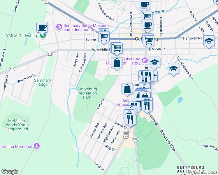 map of restaurants, bars, coffee shops, grocery stores, and more near in Gettysburg