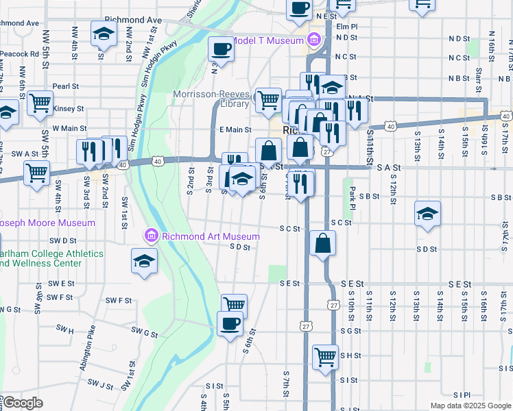 map of restaurants, bars, coffee shops, grocery stores, and more near 233 South 5th Street in Richmond
