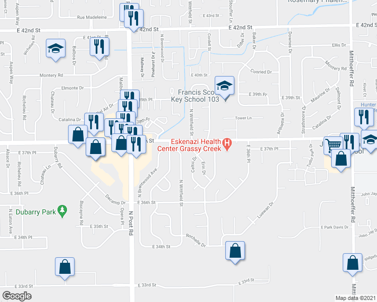 map of restaurants, bars, coffee shops, grocery stores, and more near 3737 North Wittfield Street in Indianapolis