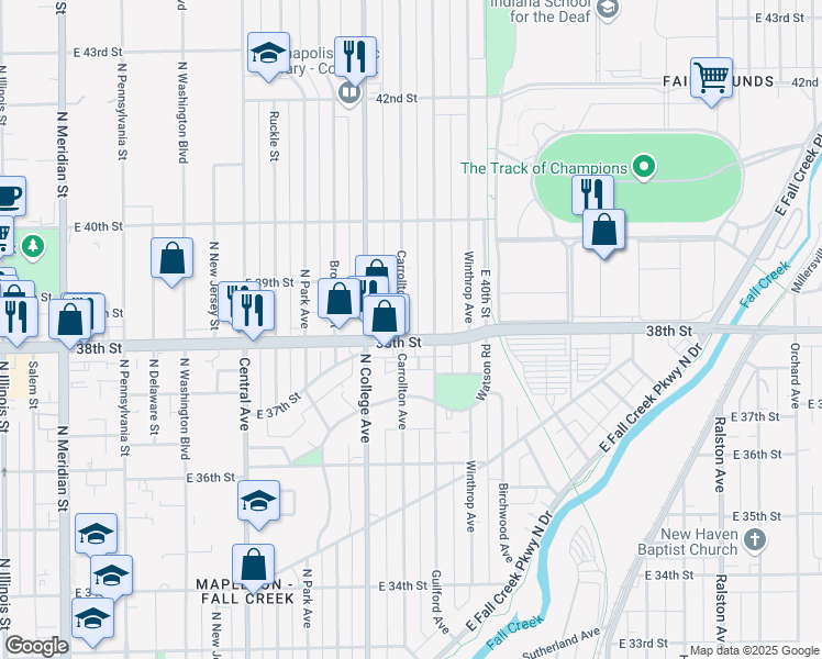 map of restaurants, bars, coffee shops, grocery stores, and more near 802 East 38th Street in Indianapolis