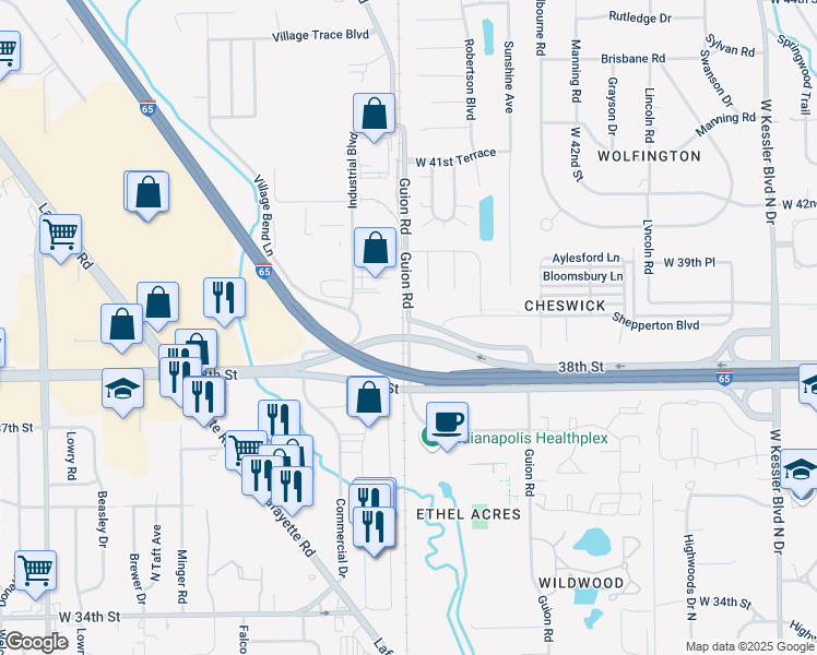 map of restaurants, bars, coffee shops, grocery stores, and more near 3876-3898 West 38th Street in Indianapolis