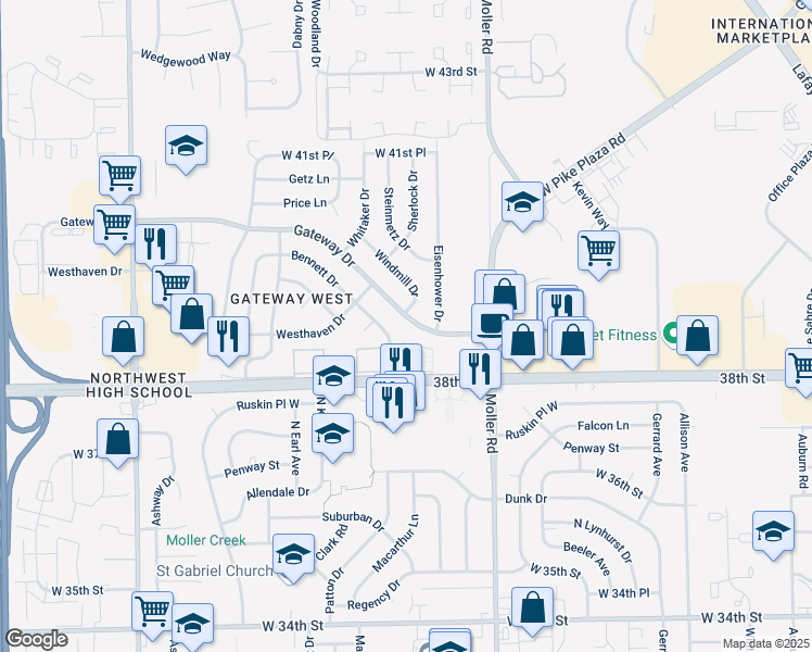 map of restaurants, bars, coffee shops, grocery stores, and more near 5619 Gateway Drive in Indianapolis