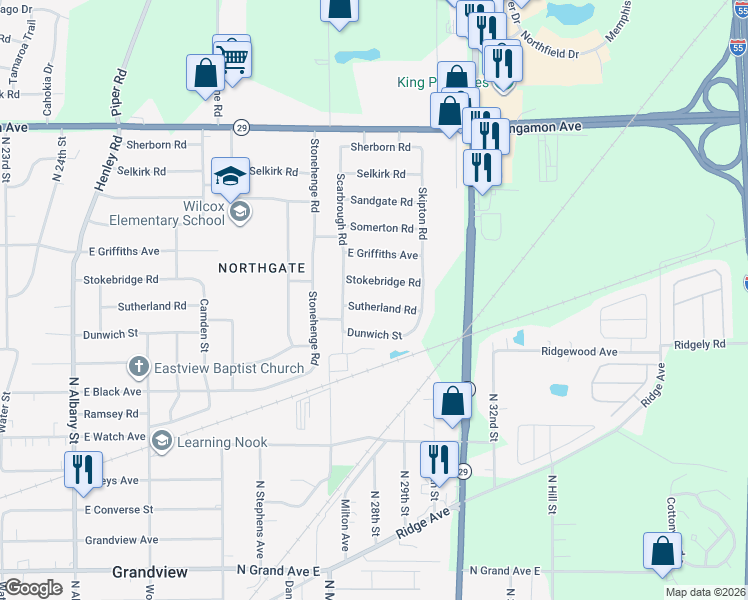 map of restaurants, bars, coffee shops, grocery stores, and more near 3008 Sutherland Road in Springfield