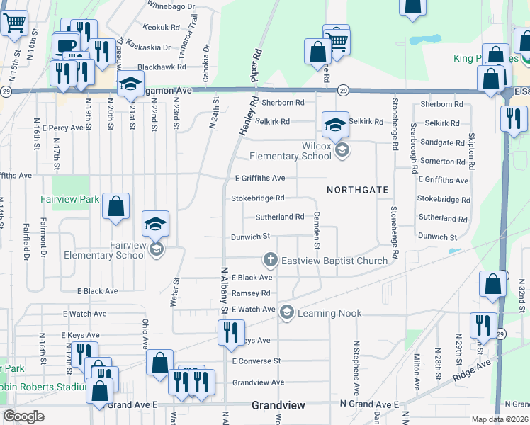 map of restaurants, bars, coffee shops, grocery stores, and more near 2300-2598 Sutherland Road in Springfield