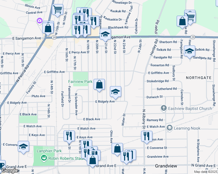 map of restaurants, bars, coffee shops, grocery stores, and more near 1805 North 22nd Street in Springfield
