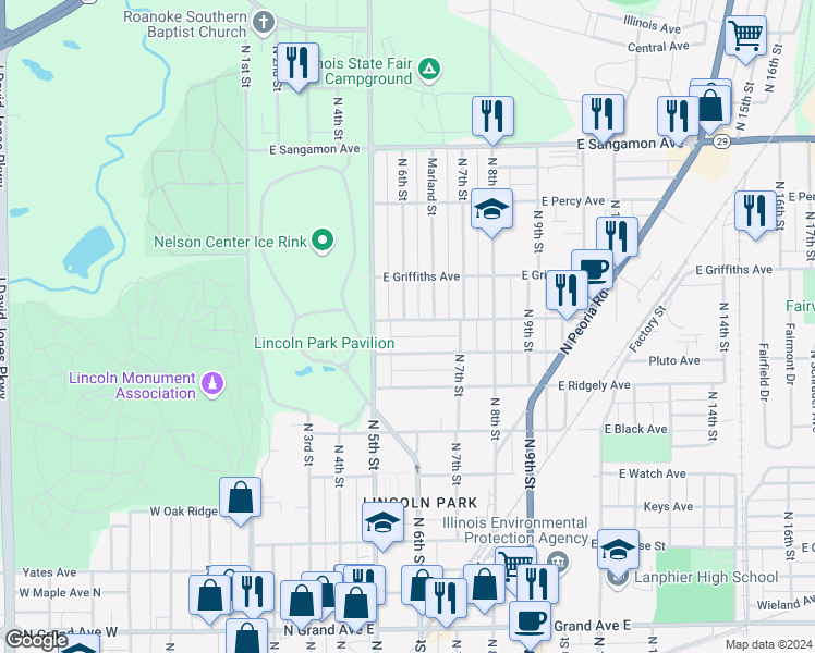map of restaurants, bars, coffee shops, grocery stores, and more near 532 Garfield Street in Springfield