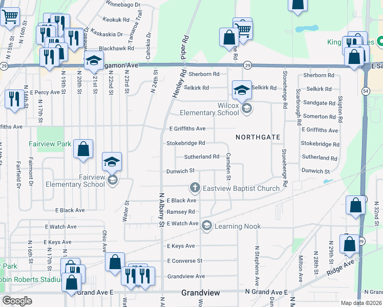 map of restaurants, bars, coffee shops, grocery stores, and more near 2300-2598 Sutherland Road in Springfield