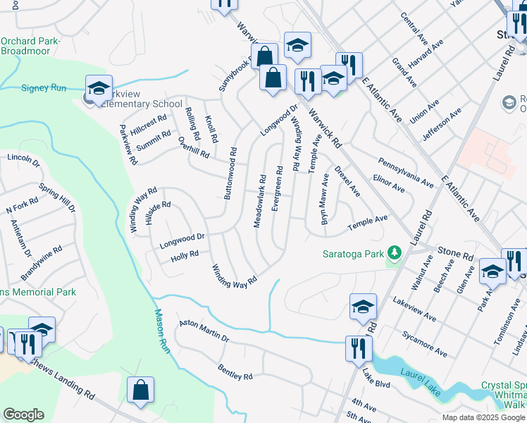 map of restaurants, bars, coffee shops, grocery stores, and more near 112 Evergreen Road in Stratford