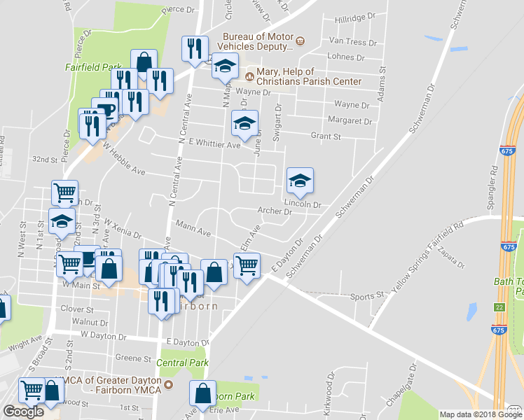 map of restaurants, bars, coffee shops, grocery stores, and more near 399 Royal Street in Fairborn