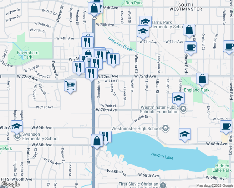 map of restaurants, bars, coffee shops, grocery stores, and more near 7044 Yates Street in Westminster
