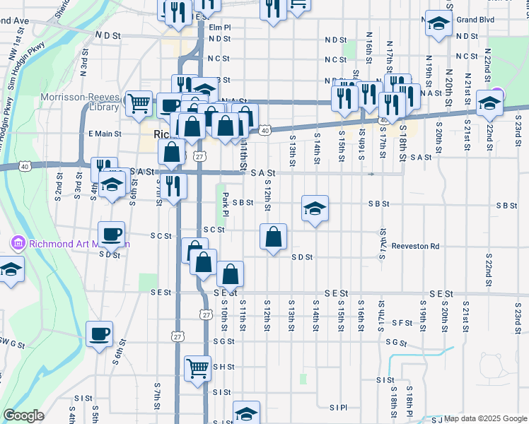 map of restaurants, bars, coffee shops, grocery stores, and more near 224 South 12th Street in Richmond