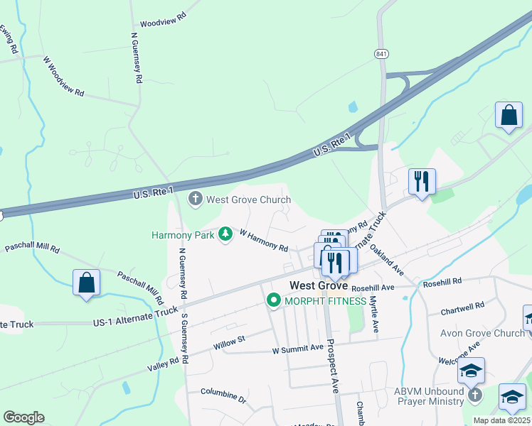 map of restaurants, bars, coffee shops, grocery stores, and more near 10 Joseph Pyle Dr in West Grove