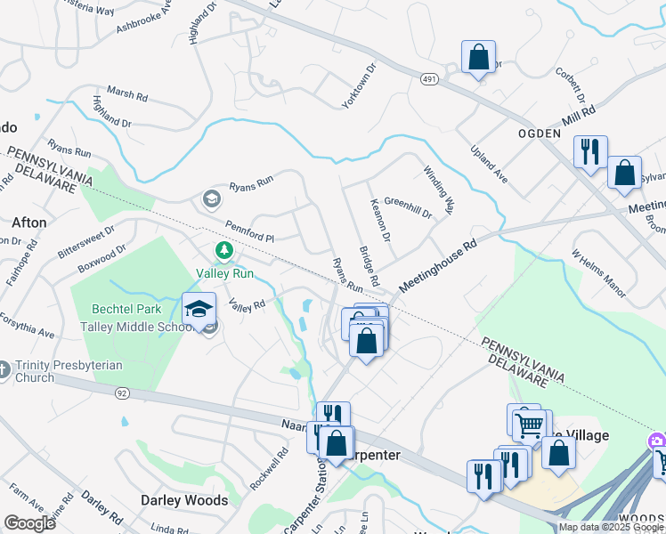 map of restaurants, bars, coffee shops, grocery stores, and more near 205 Ryans Run in Boothwyn