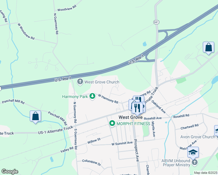 map of restaurants, bars, coffee shops, grocery stores, and more near 10 Joseph Pyle Dr in West Grove