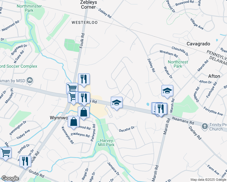 map of restaurants, bars, coffee shops, grocery stores, and more near 911 Morningdale Drive in Wilmington