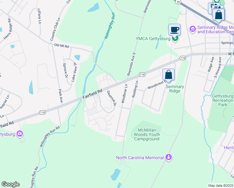map of restaurants, bars, coffee shops, grocery stores, and more near 18 Deatrick Drive in Gettysburg