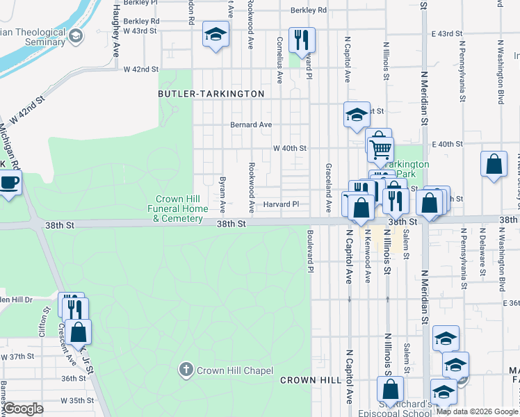 map of restaurants, bars, coffee shops, grocery stores, and more near in Indianapolis