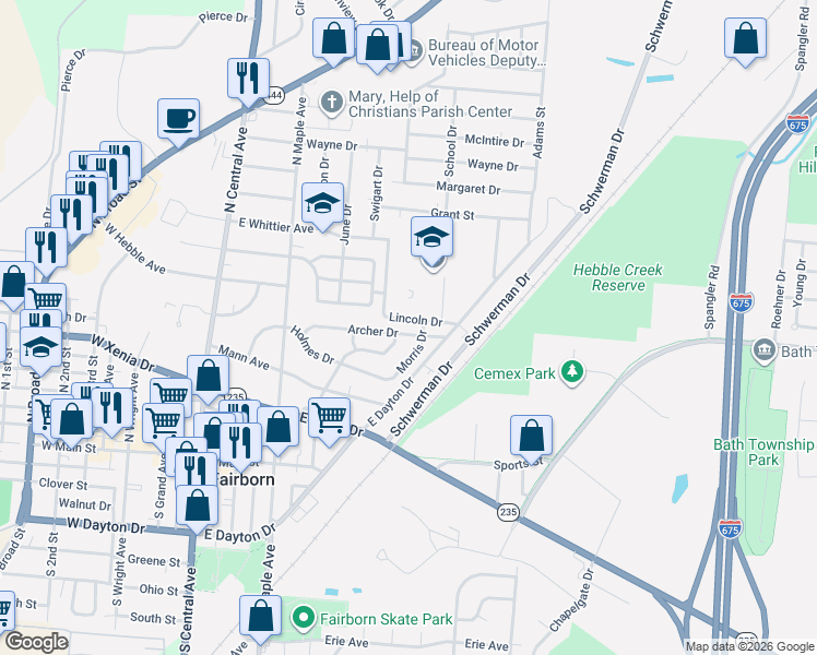 map of restaurants, bars, coffee shops, grocery stores, and more near 409 Archer Drive in Fairborn