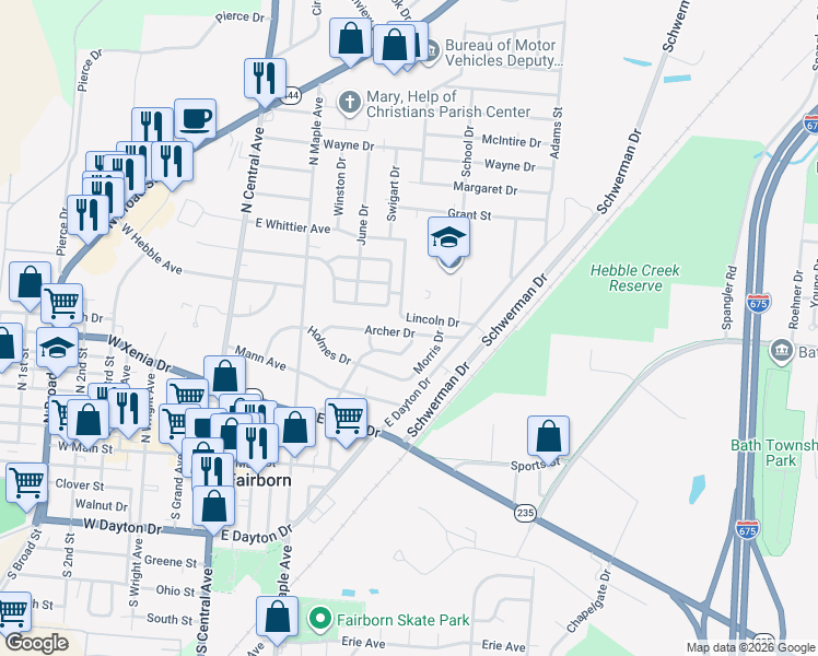 map of restaurants, bars, coffee shops, grocery stores, and more near 342 Archer Drive in Fairborn