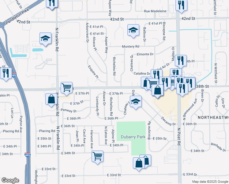 map of restaurants, bars, coffee shops, grocery stores, and more near 8431 East 37th Place in Indianapolis