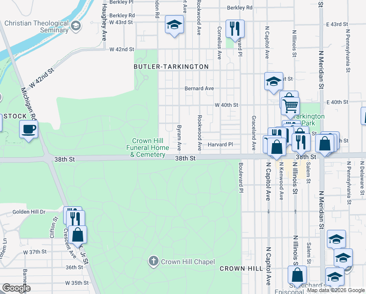 map of restaurants, bars, coffee shops, grocery stores, and more near 544 38th Street in Indianapolis